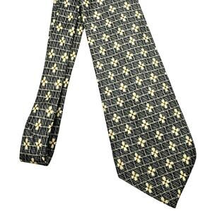 Claiborne Vintage 90s Y2K 100% Silk Black Cream Floral Print Men's Neck Tie